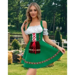 Women's Carnival Oktoberfest Dirndl Beer Costume with Shirt and Apron Bavarian Wiesn Traditional Style