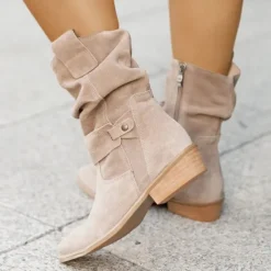 Women's Casual Beige Faux Suede Slouchy Ankle Boots with Buckle Detail - Perfect for Everyday Wear, Autumn Outings, and Casual Gatherings