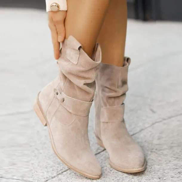 Women's Casual Beige Faux Suede Slouchy Ankle Boots with Buckle Detail - Perfect for Everyday Wear, Autumn Outings, and Casual Gatherings