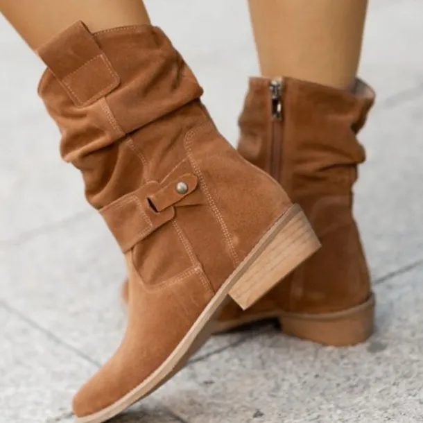 Women's Casual Beige Faux Suede Slouchy Ankle Boots with Buckle Detail - Perfect for Everyday Wear, Autumn Outings, and Casual Gatherings