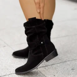 Women's Casual Beige Faux Suede Slouchy Ankle Boots with Buckle Detail - Perfect for Everyday Wear, Autumn Outings, and Casual Gatherings