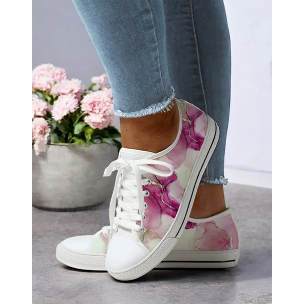 Women's Casual Canvas Sneakers - Stylish Watercolor Marble Print, Lace-Up Low-Top Tennis Shoes for Everyday Wear, Walking & Travel