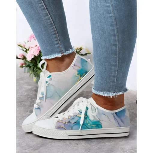 Women's Casual Canvas Sneakers - Stylish Watercolor Marble Print, Lace-Up Low-Top Tennis Shoes for Everyday Wear, Walking & Travel