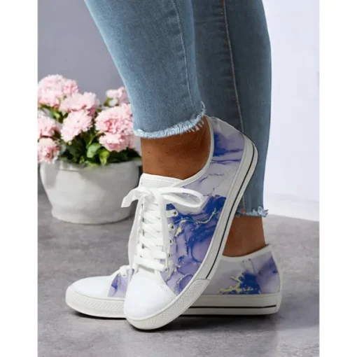 Women's Casual Canvas Sneakers - Stylish Watercolor Marble Print, Lace-Up Low-Top Tennis Shoes for Everyday Wear, Walking & Travel