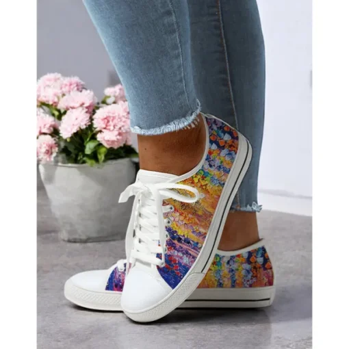 Women's Casual Canvas Sneakers - Stylish Watercolor Marble Print, Lace-Up Low-Top Tennis Shoes for Everyday Wear, Walking & Travel