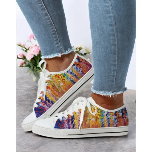 Women's Casual Canvas Sneakers - Stylish Watercolor Marble Print, Lace-Up Low-Top Tennis Shoes for Everyday Wear, Walking & Travel