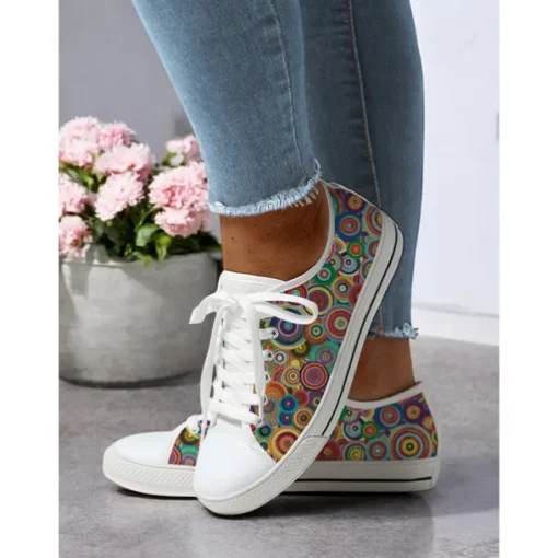 Women's Casual Canvas Sneakers - Stylish Watercolor Marble Print, Lace-Up Low-Top Tennis Shoes for Everyday Wear, Walking & Travel