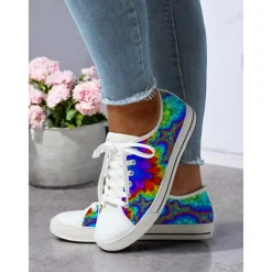 Women's Casual Canvas Sneakers - Stylish Watercolor Marble Print, Lace-Up Low-Top Tennis Shoes for Everyday Wear, Walking & Travel