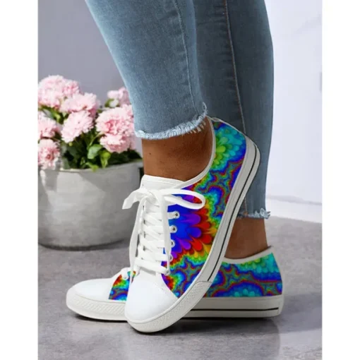 Women's Casual Canvas Sneakers - Stylish Watercolor Marble Print, Lace-Up Low-Top Tennis Shoes for Everyday Wear, Walking & Travel