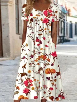 Women's Casual Dress A Line Dress Summer Dress Streetwear A Line Vacation Street Holiday Loose Fit Short Sleeve Crew Neck White Yellow Red Blue Summer