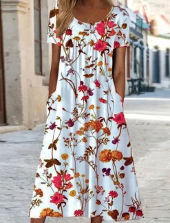 Women's Casual Dress A Line Dress Summer Dress Streetwear A Line Vacation Street Holiday Loose Fit Short Sleeve Crew Neck White Yellow Red Blue Summer