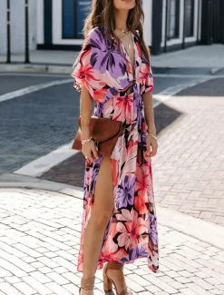 Women's Casual Dress Floral Split Print V Neck Long Dress Maxi Dress Vacation Short Sleeve Summer