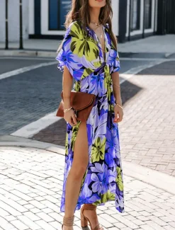 Women's Casual Dress Floral Split Print V Neck Long Dress Maxi Dress Vacation Short Sleeve Summer
