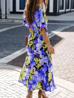 Women's Casual Dress Floral Split Print V Neck Long Dress Maxi Dress Vacation Short Sleeve Summer