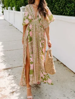 Women's Casual Dress Floral Split Print V Neck Long Dress Maxi Dress Vacation Short Sleeve Summer