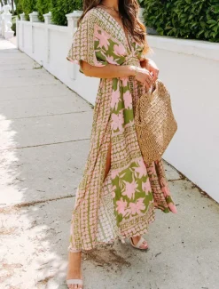 Women's Casual Dress Floral Split Print V Neck Long Dress Maxi Dress Vacation Short Sleeve Summer