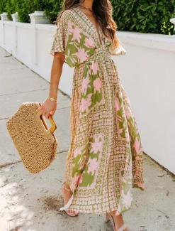 Women's Casual Dress Floral Split Print V Neck Long Dress Maxi Dress Vacation Short Sleeve Summer