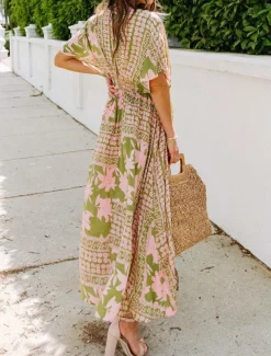 Women's Casual Dress Floral Split Print V Neck Long Dress Maxi Dress Vacation Short Sleeve Summer
