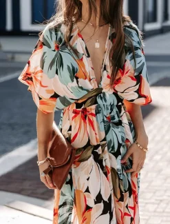 Women's Casual Dress Floral Split Print V Neck Long Dress Maxi Dress Vacation Short Sleeve Summer