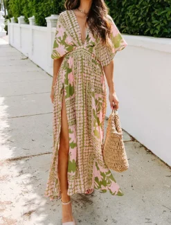 Women's Casual Dress Floral Split Print V Neck Long Dress Maxi Dress Vacation Short Sleeve Summer