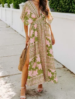 Women's Casual Dress Floral Split Print V Neck Long Dress Maxi Dress Vacation Short Sleeve Summer