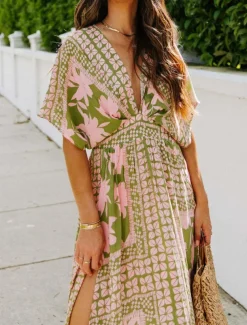 Women's Casual Dress Floral Split Print V Neck Long Dress Maxi Dress Vacation Short Sleeve Summer