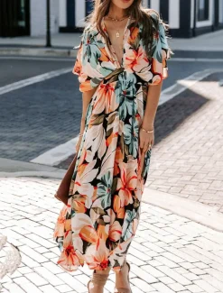 Women's Casual Dress Floral Split Print V Neck Long Dress Maxi Dress Vacation Short Sleeve Summer