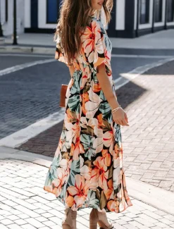 Women's Casual Dress Floral Split Print V Neck Long Dress Maxi Dress Vacation Short Sleeve Summer