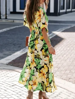 Women's Casual Dress Floral Split Print V Neck Long Dress Maxi Dress Vacation Short Sleeve Summer