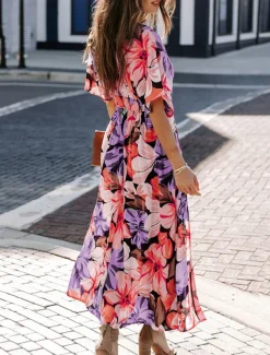 Women's Casual Dress Floral Split Print V Neck Long Dress Maxi Dress Vacation Short Sleeve Summer