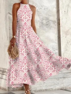 Women's Casual Dress Floral Print Crew Neck Maxi long Dress Casual Daily Vacation Sleeveless Summer Spring