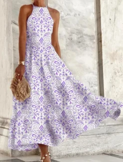 Women's Casual Dress Floral Print Crew Neck Maxi long Dress Casual Daily Vacation Sleeveless Summer Spring