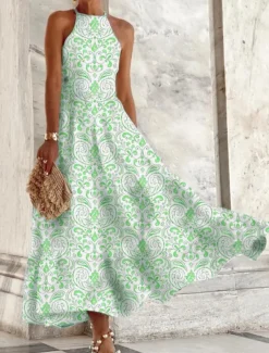 Women's Casual Dress Floral Print Crew Neck Maxi long Dress Casual Daily Vacation Sleeveless Summer Spring