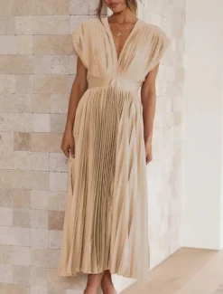 Women's Casual Dress Maxi Dress Ruched Casual V Neck Sleeveless Black Champagne Fuchsia Color