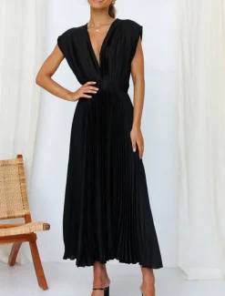 Women's Casual Dress Maxi Dress Ruched Casual V Neck Sleeveless Black Champagne Fuchsia Color
