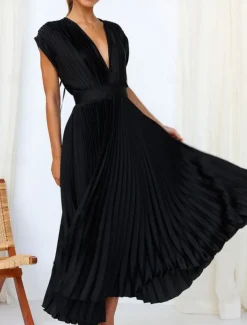 Women's Casual Dress Maxi Dress Ruched Casual V Neck Sleeveless Black Champagne Fuchsia Color