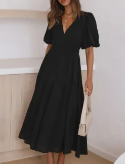 Women's Casual Dress Maxi Dress Ruched Casual V Neck Short Sleeve Black White Fuchsia Color