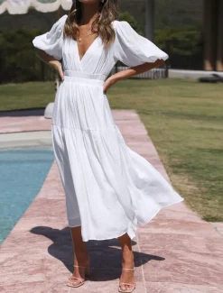 Women's Casual Dress Maxi Dress Ruched Casual V Neck Short Sleeve Black White Fuchsia Color