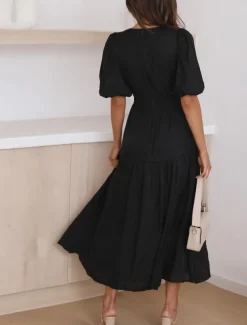 Women's Casual Dress Maxi Dress Ruched Casual V Neck Short Sleeve Black White Fuchsia Color