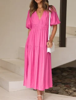 Women's Casual Dress Maxi Dress Ruched Casual V Neck Short Sleeve Black White Fuchsia Color