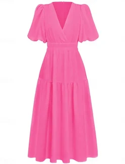 Women's Casual Dress Maxi Dress Ruched Casual V Neck Short Sleeve Black White Fuchsia Color
