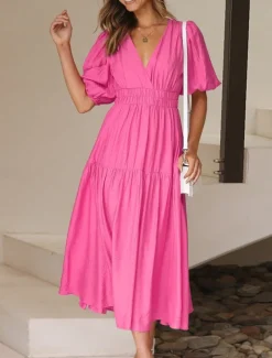 Women's Casual Dress Maxi Dress Ruched Casual V Neck Short Sleeve Black White Fuchsia Color