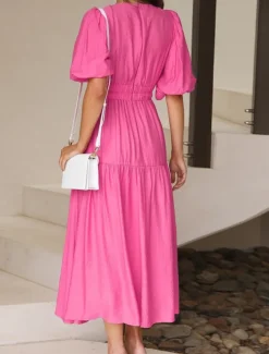 Women's Casual Dress Maxi Dress Ruched Casual V Neck Short Sleeve Black White Fuchsia Color