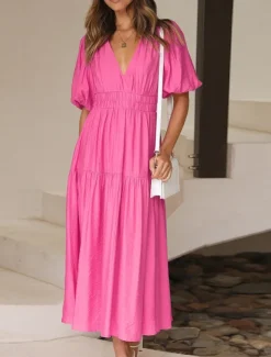 Women's Casual Dress Maxi Dress Ruched Casual V Neck Short Sleeve Black White Fuchsia Color