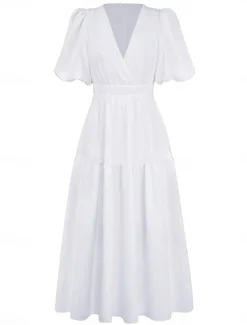 Women's Casual Dress Maxi Dress Ruched Casual V Neck Short Sleeve Black White Fuchsia Color