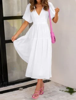 Women's Casual Dress Maxi Dress Ruched Casual V Neck Short Sleeve Black White Fuchsia Color
