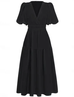 Women's Casual Dress Maxi Dress Ruched Casual V Neck Short Sleeve Black White Fuchsia Color