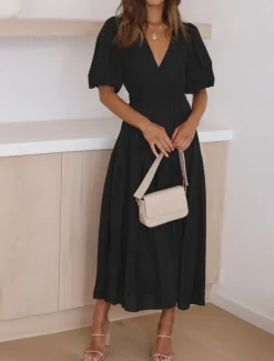 Women's Casual Dress Maxi Dress Ruched Casual V Neck Short Sleeve Black White Fuchsia Color