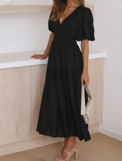 Women's Casual Dress Maxi Dress Ruched Casual V Neck Short Sleeve Black White Fuchsia Color