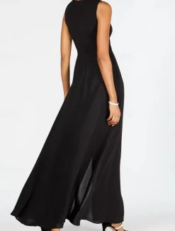 Women's Casual Dress Maxi Dress Patchwork Elegant Crew Neck Black Rose Red Color